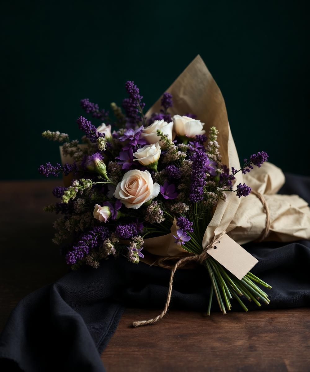 Hand-tied bouquet wrapped in kraft paper with twine and tag