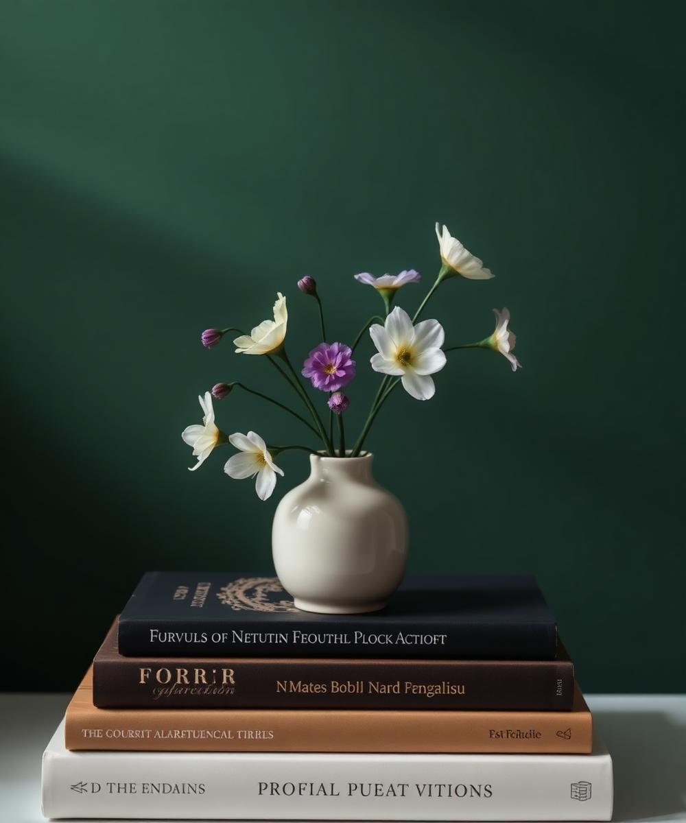 Small seasonal arrangement in a ceramic vase on art books